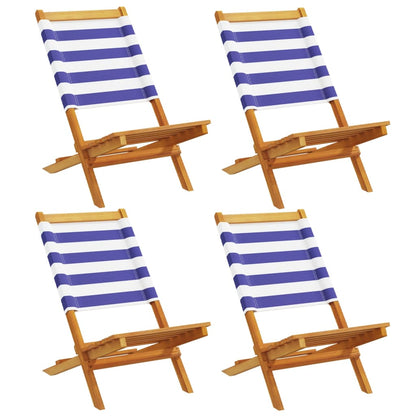 Blue/White Folding Garden Chairs, 4 pcs, Solid Wood & Fabric