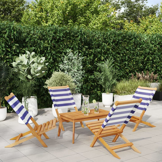 Blue/White Folding Garden Chairs, 4 pcs, Solid Wood & Fabric
