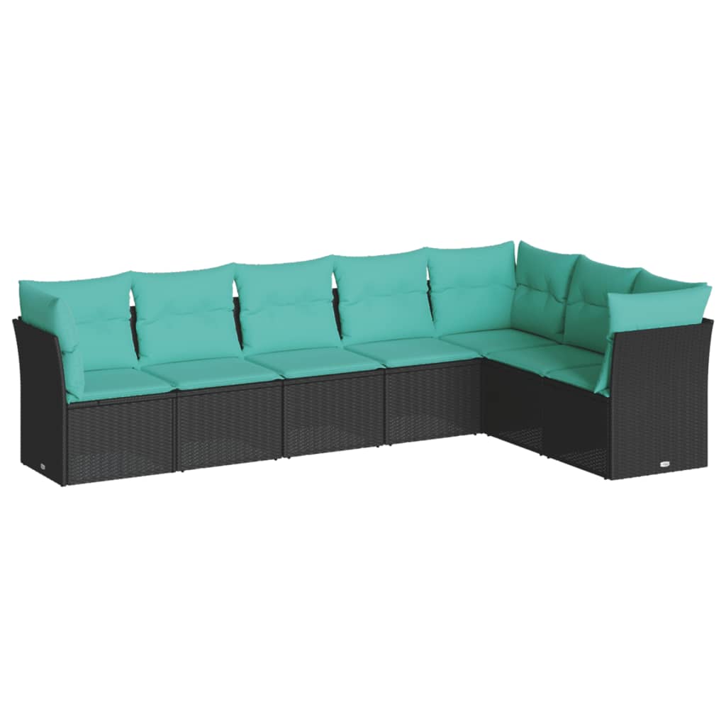 7 Piece Garden Sofa Set with Cushions Black Poly Rattan