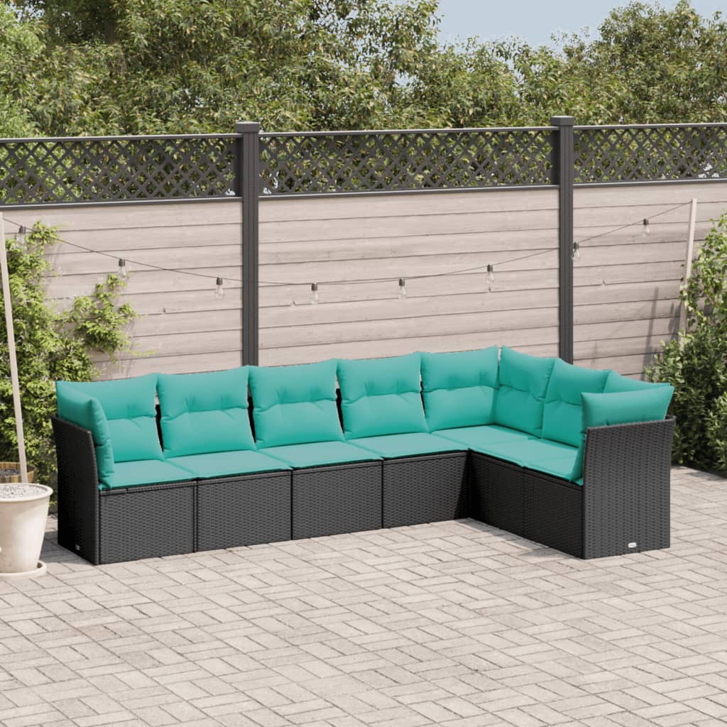 7 Piece Garden Sofa Set with Cushions Black Poly Rattan