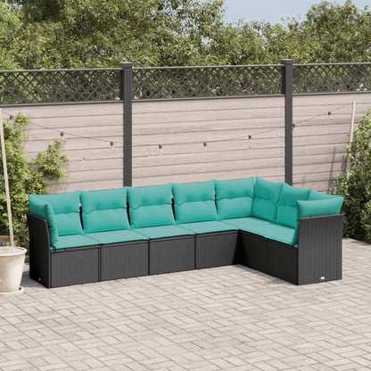7 Piece Garden Sofa Set with Cushions Black Poly Rattan