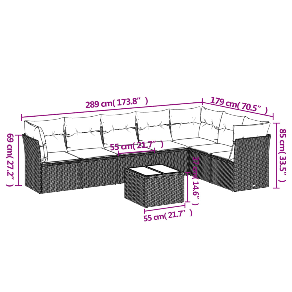 8-Piece Black Poly Rattan Garden Sofa Set with Cushions