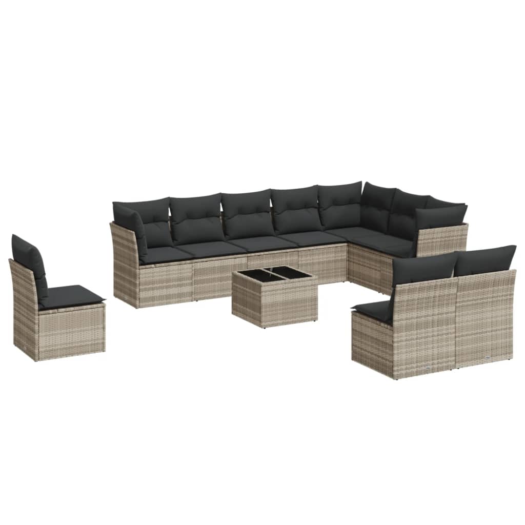 11-Piece Light Grey Poly Rattan Garden Sofa Set with Cushions