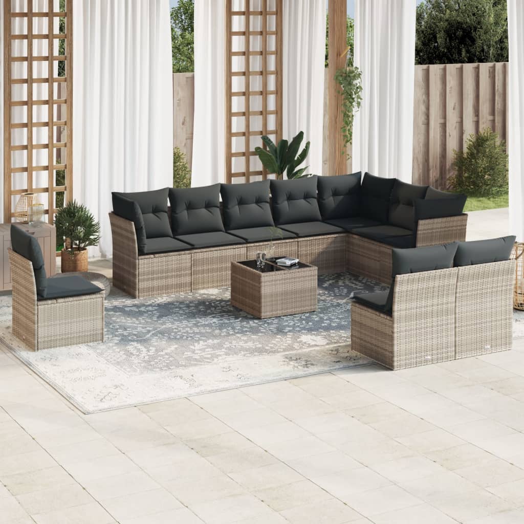 11-Piece Light Grey Poly Rattan Garden Sofa Set with Cushions