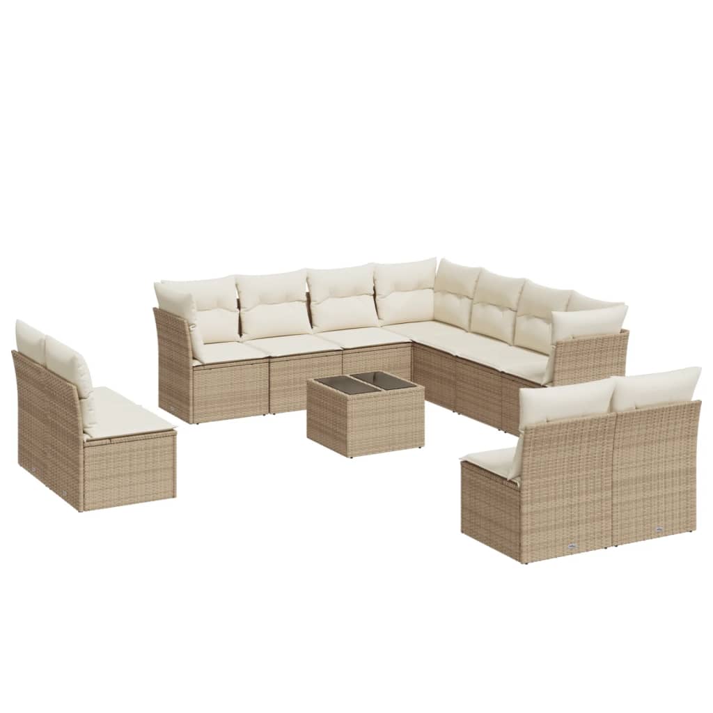 12 Pc Beige Poly Rattan Garden Sofa Set with Cushions