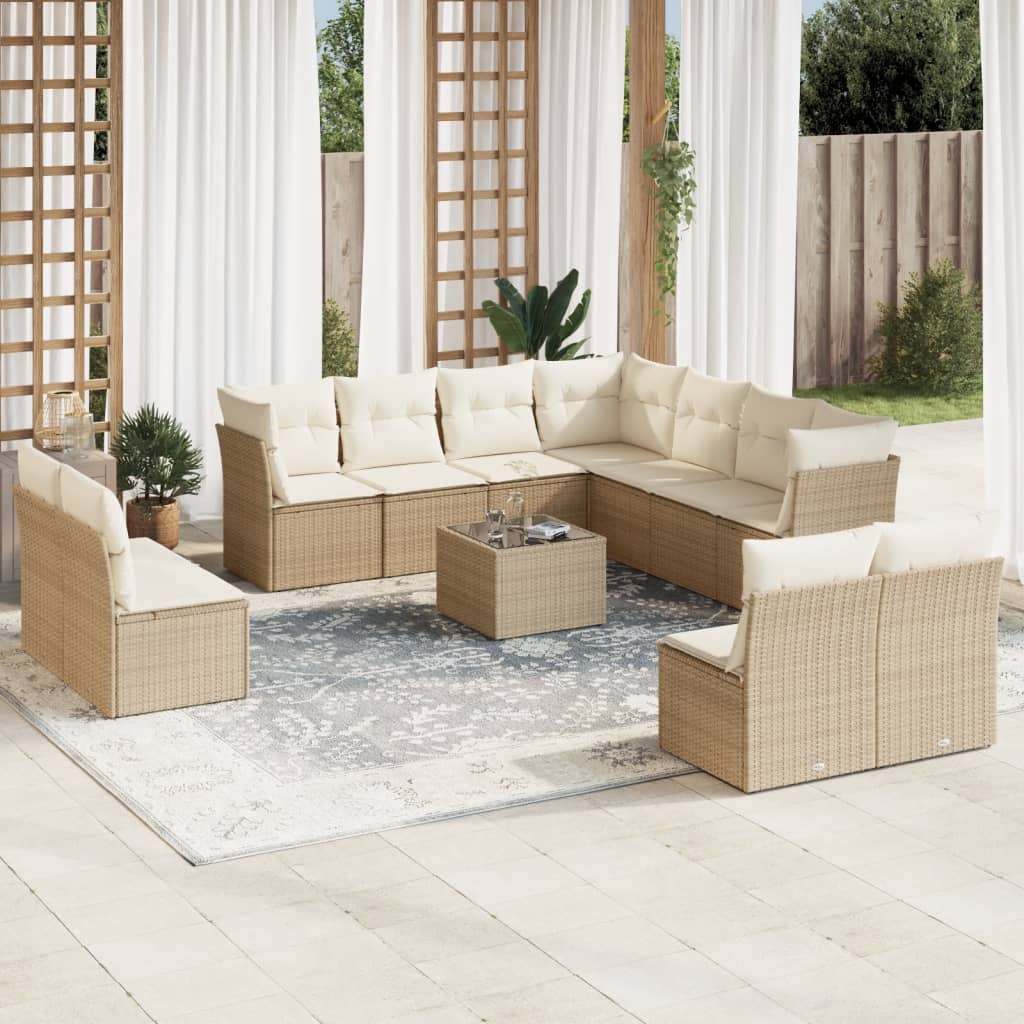 12 Pc Beige Poly Rattan Garden Sofa Set with Cushions