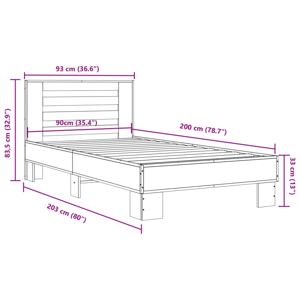 Brown Oak Bed Frame 90x200 cm - Elegant and Durable Design