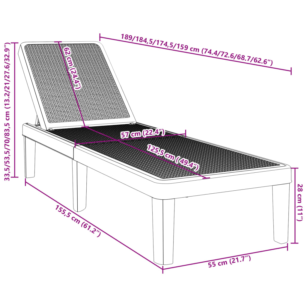 Polypropylene Sun Lounger, 4-Way Adjustable, 155.5x57x28 cm