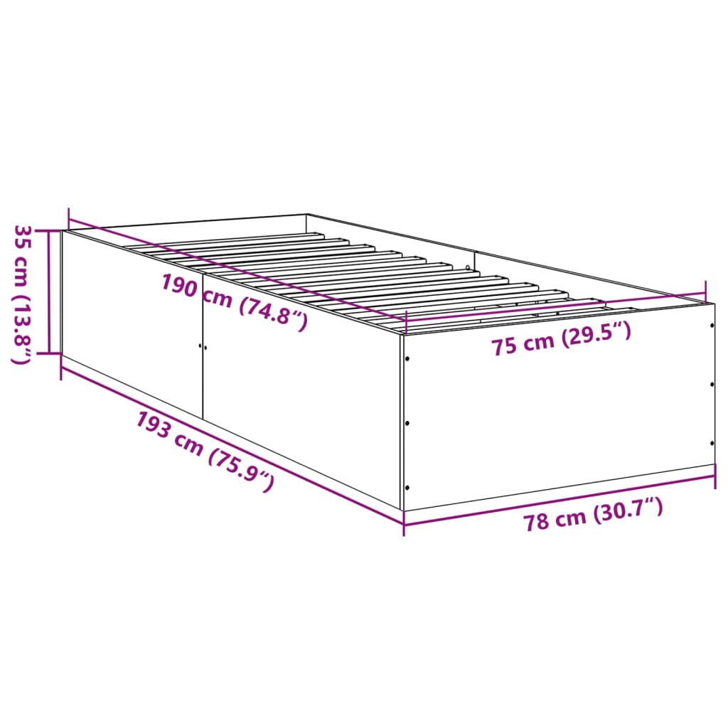 Smoked Oak Small Single Bed Frame 75x190 cm - Engineered Wood