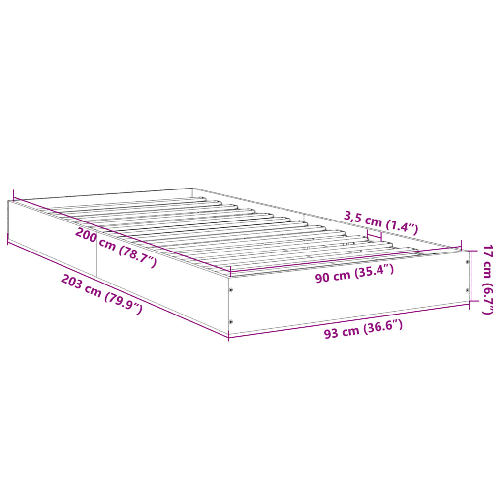 Smoked Oak Engineered Wood Bed Frame 90x200 cm - No Mattress