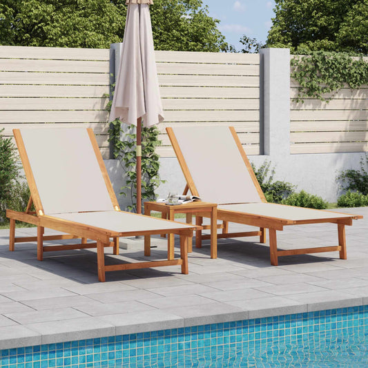 2-Piece Grey Acacia Wood & Textilene Sun Loungers