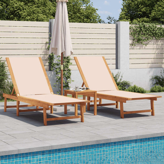 Cream Acacia & Textilene Sun Lounger Set with Table - 2 Pieces