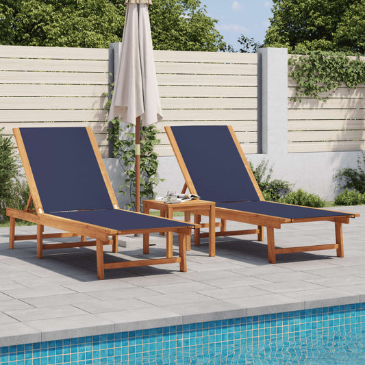 Blue Acacia Wood & Textilene Sun Loungers Set with Table - 2 Pcs