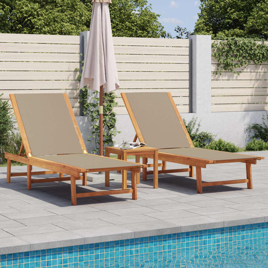 Taupe Acacia Wood & Textilene Sun Loungers Set with Table - 2 PCS
