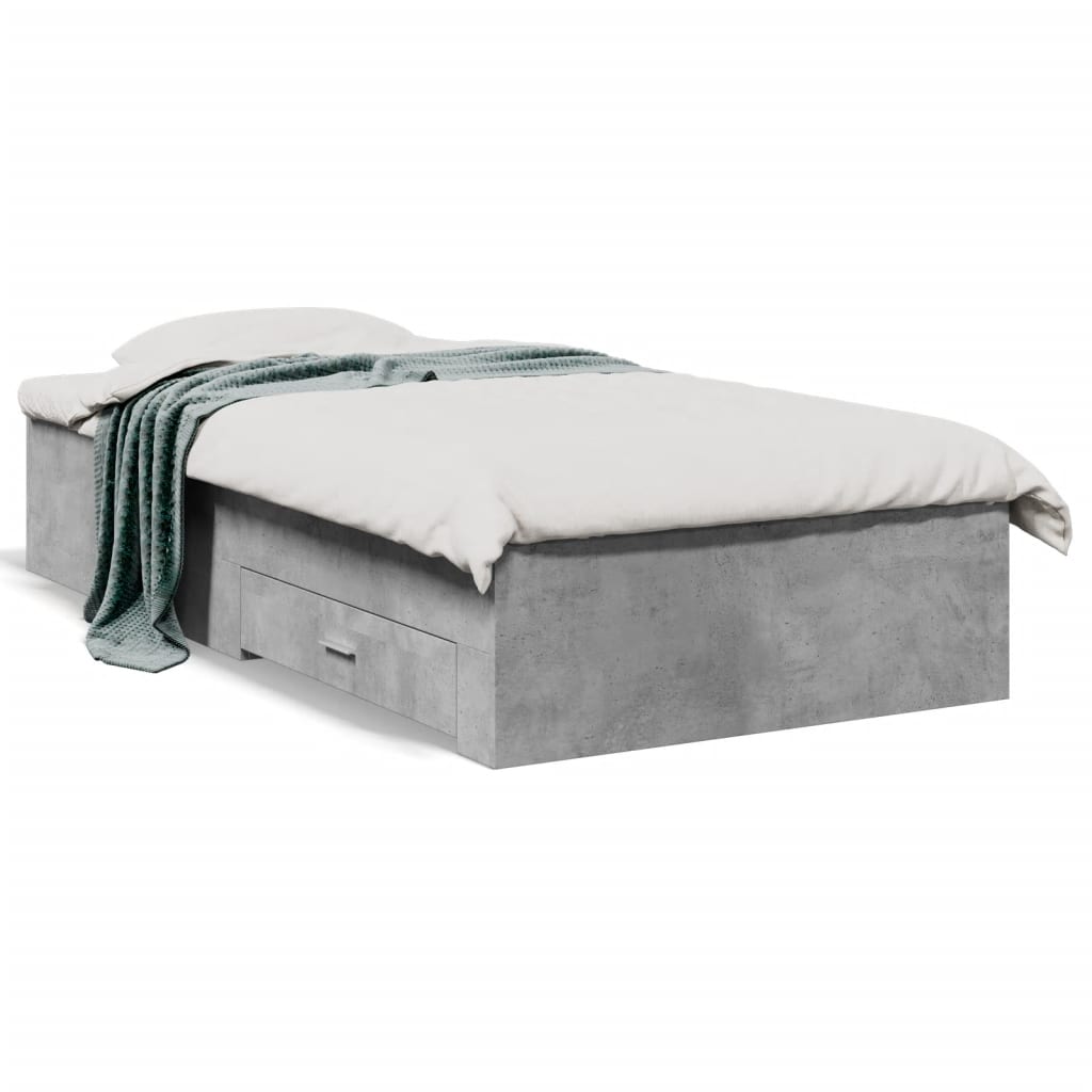 Concrete Grey Bed Frame with Drawers - 90x200 cm Storage Solution