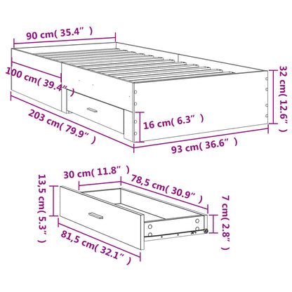 Concrete Grey Bed Frame with Drawers - 90x200 cm Storage Solution