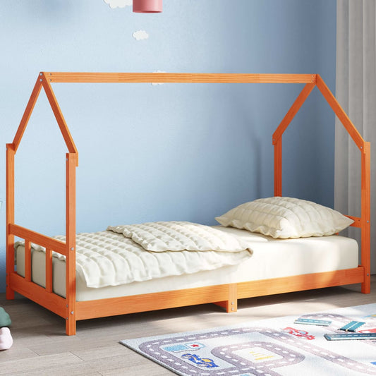Solid Wood Pine Kids Bed Frame, Wax Brown, 90x190 cm