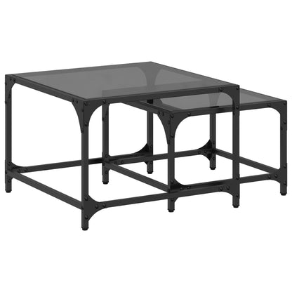 Nesting Coffee Tables 2 pcs with Black Glass Top Steel