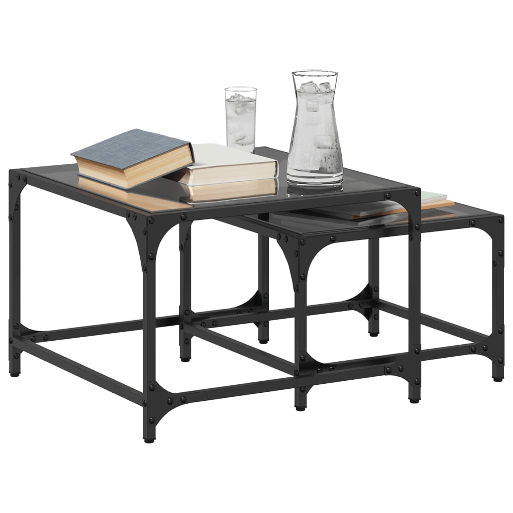 Nesting Coffee Tables 2 pcs with Black Glass Top Steel
