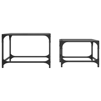 Nesting Coffee Tables 2 pcs with Black Glass Top Steel