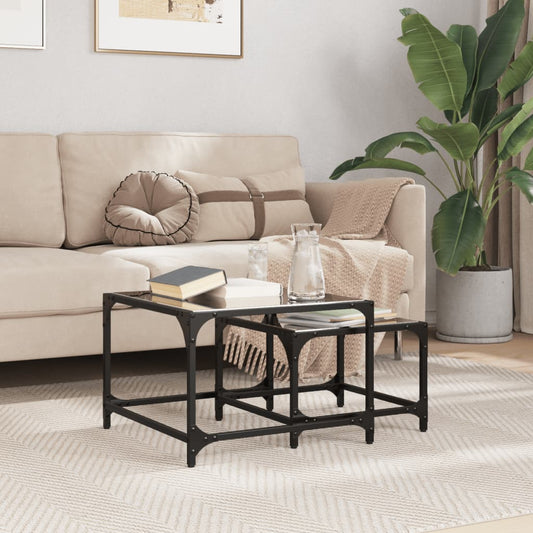 Nesting Coffee Tables 2 pcs with Black Glass Top Steel