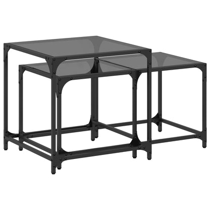 Nesting Coffee Tables 2 pcs with Black Glass Top Steel