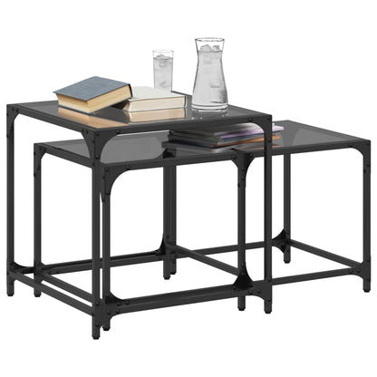 Nesting Coffee Tables 2 pcs with Black Glass Top Steel