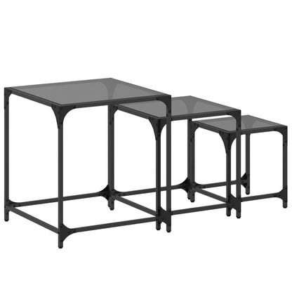 Nesting Coffee Tables 3 pcs with Black Glass Top Steel