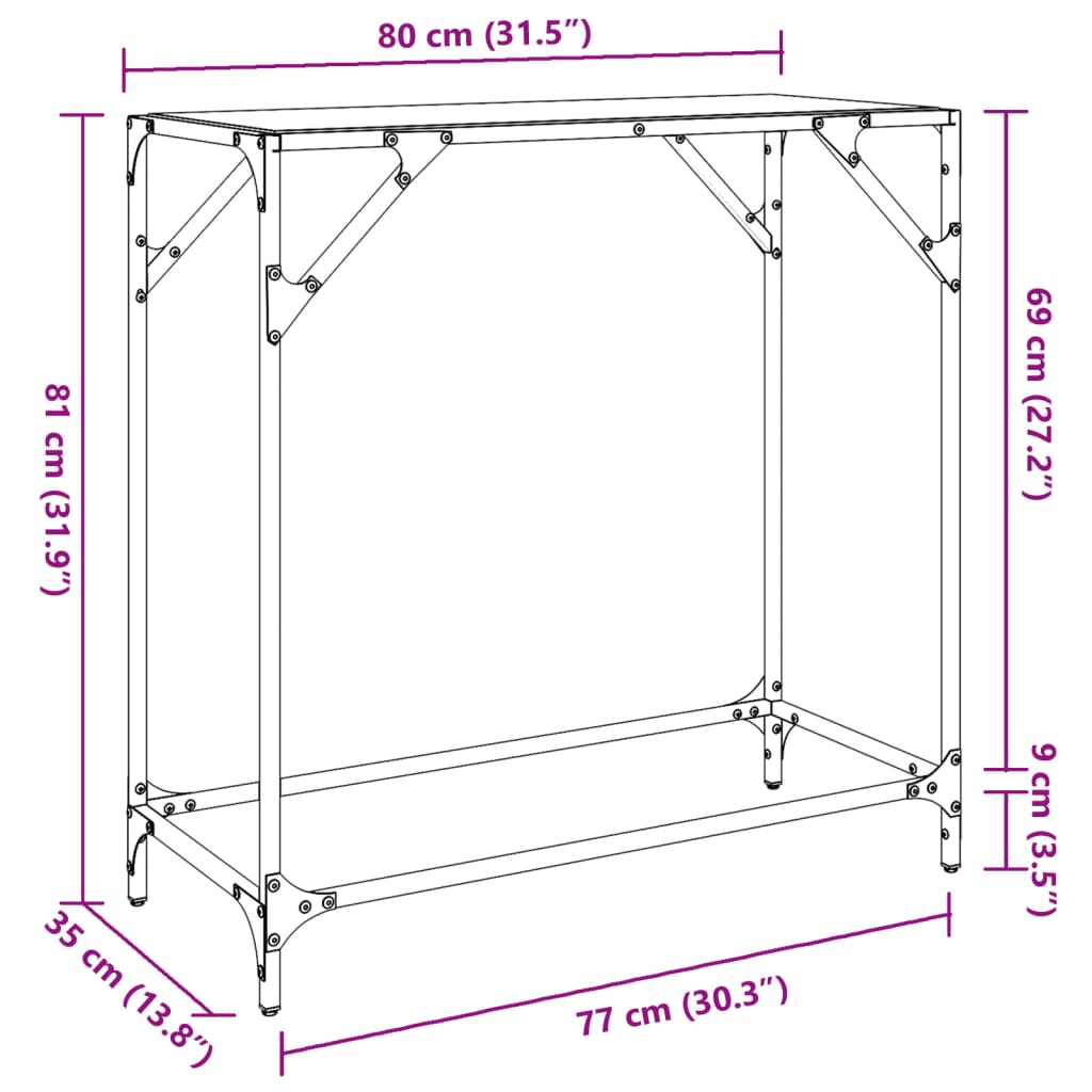 Steel Console Table with Transparent Glass Top, 80x35x81 cm
