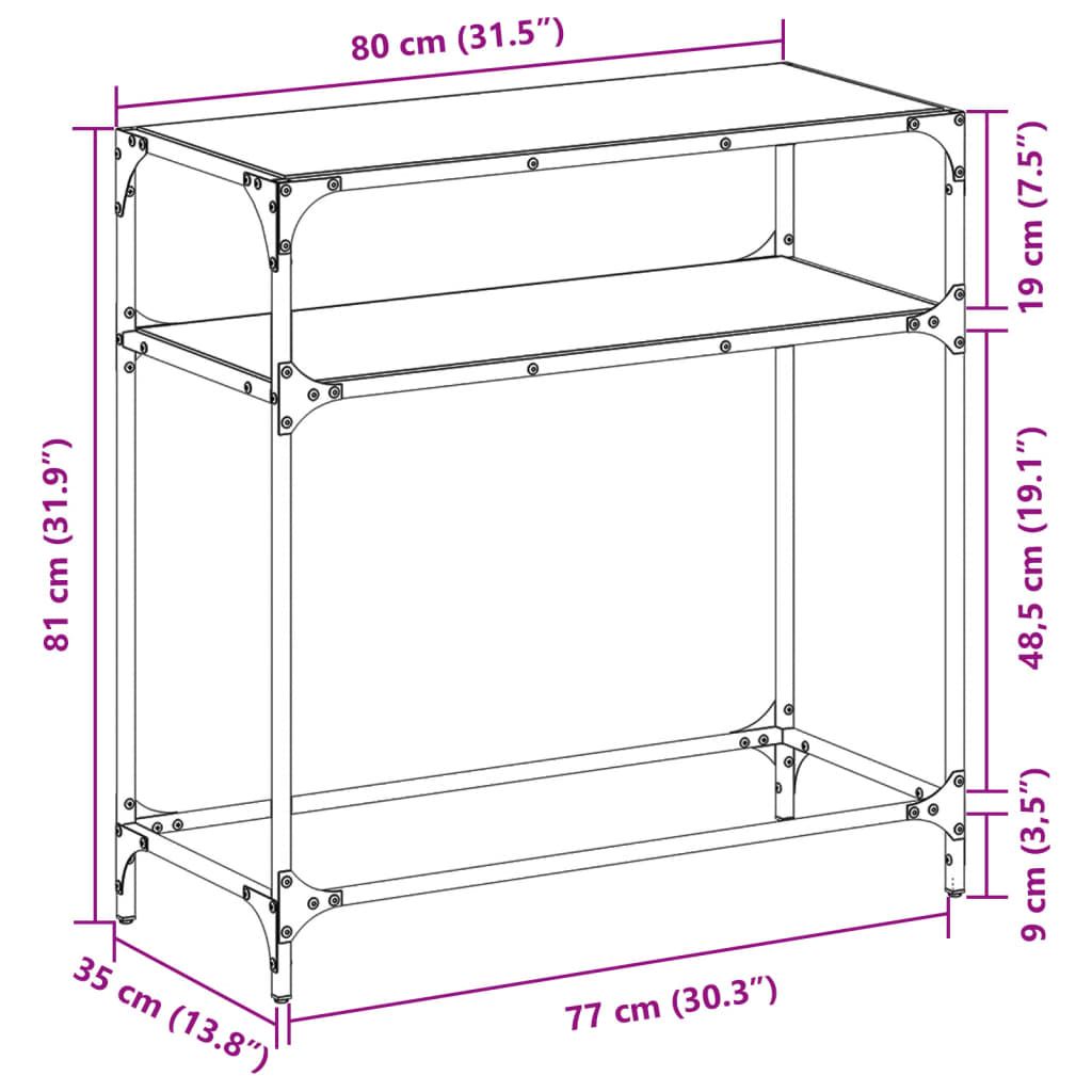 Sleek Steel Console Table with Black Glass Top - 80x35x81 cm