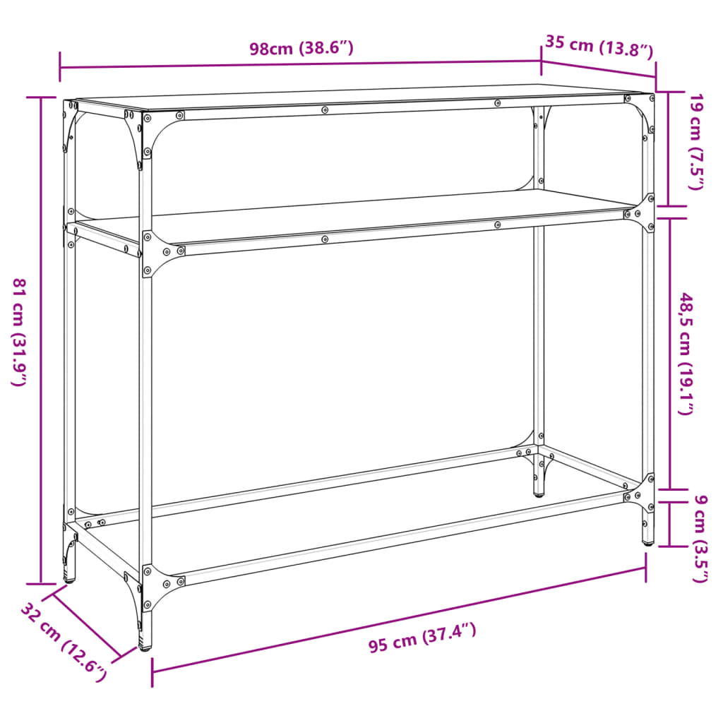 Sleek Steel Console Table with Glass Top, 98x35x81 cm