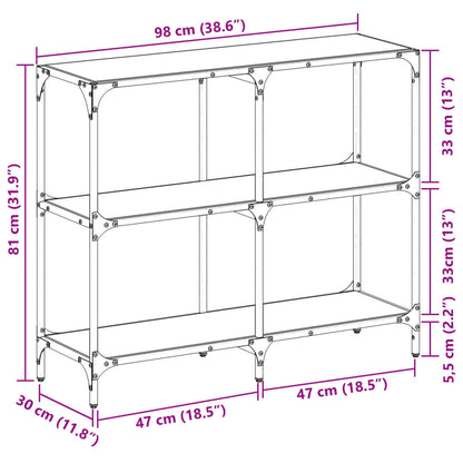 Stylish Console Table with Black Glass and Steel Frame, 98x30x81 cm