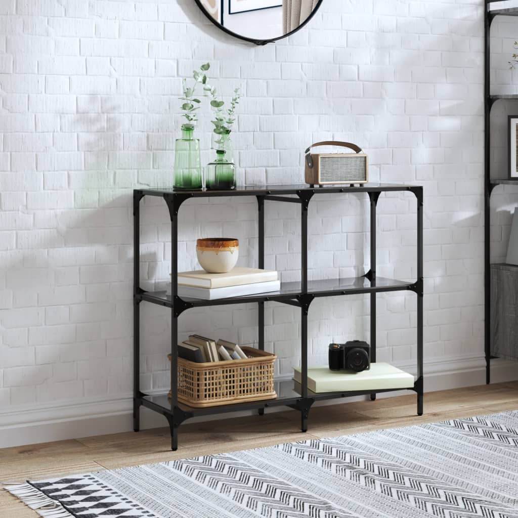 Stylish Console Table with Black Glass and Steel Frame, 98x30x81 cm