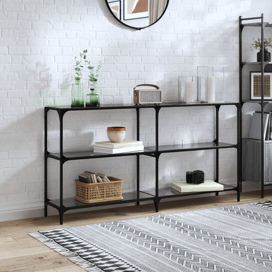 Sleek Black Glass Console Table - Steel Frame, 158.5x30x81 cm