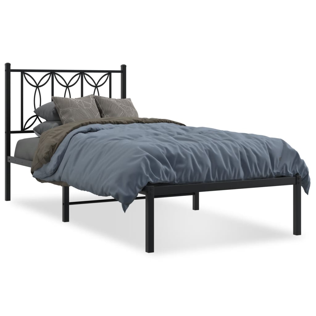 Black Metal Bed Frame with Headboard - 75x190cm Sturdy Design