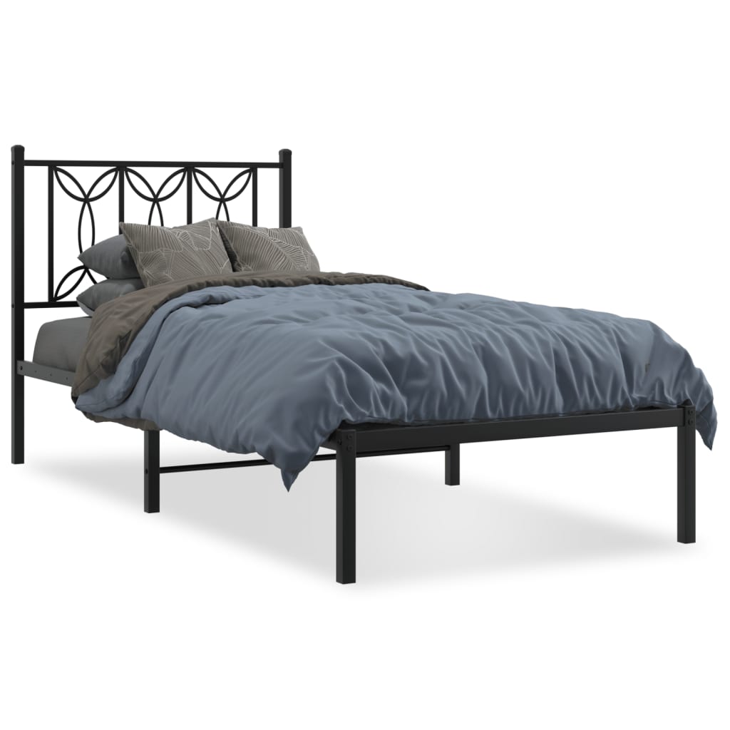 Black Metal Bed Frame with Headboard - 90x190cm (No Mattress)