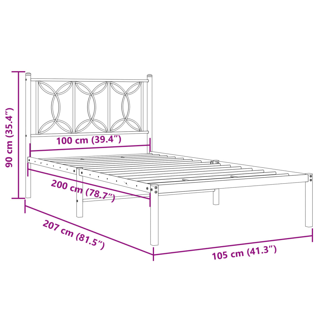 Elegant Black Metal Bed Frame with Headboard 100x200cm