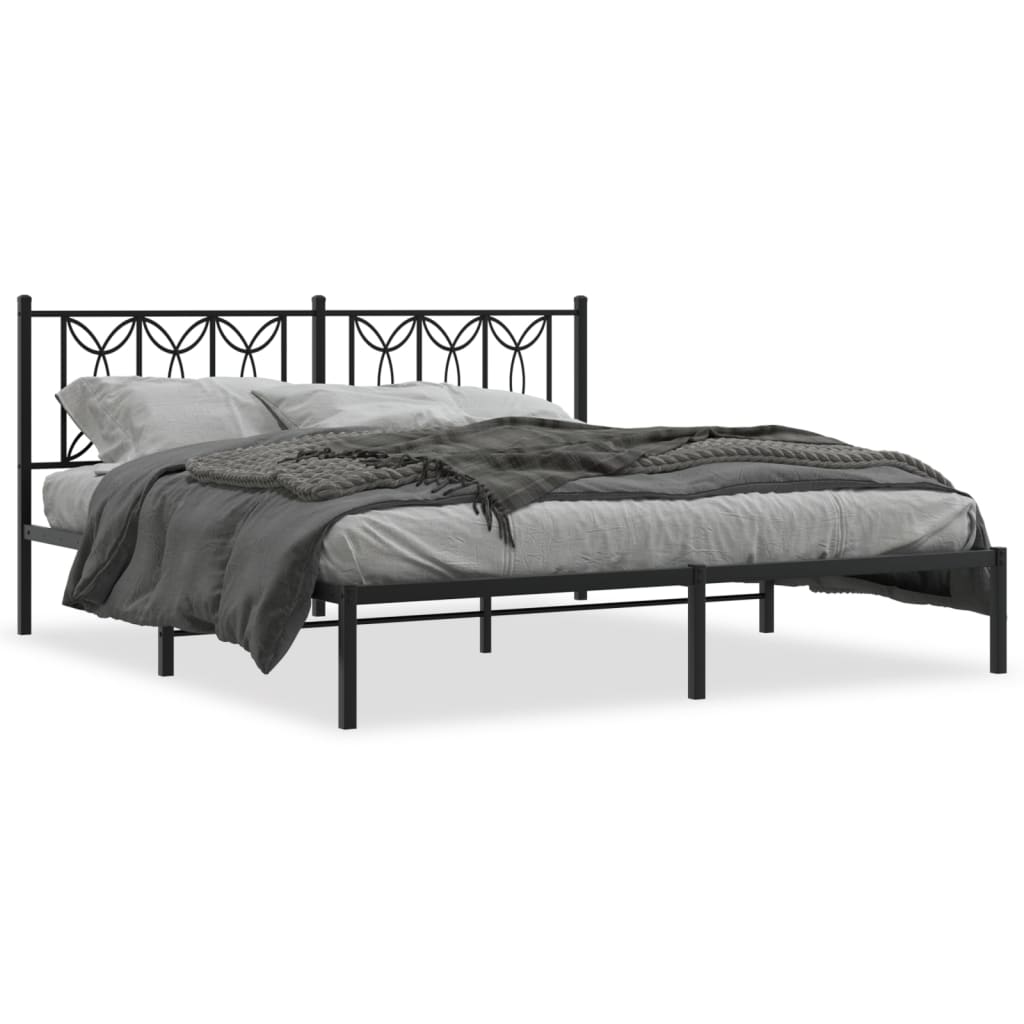 Black Metal Bed Frame with Headboard - 183x213cm, No Mattress
