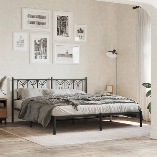 Black Metal Bed Frame with Headboard - 183x213cm, No Mattress