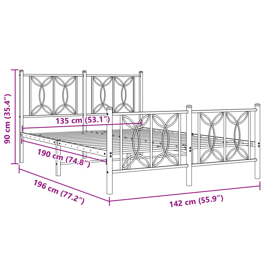 Metal Bed Frame without Mattress with Footboard Black 135x190cm