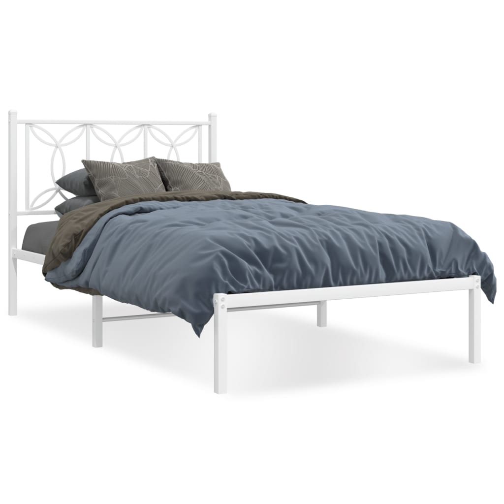 White Metal Bed Frame with Headboard - 107x203cm, No Mattress