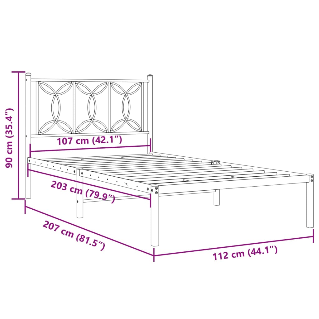 White Metal Bed Frame with Headboard - 107x203cm, No Mattress