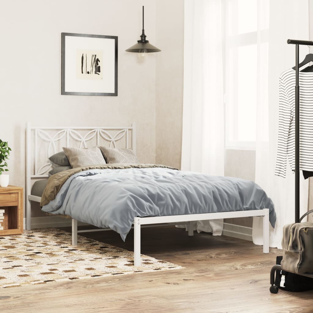 White Metal Bed Frame with Headboard - 107x203cm, No Mattress