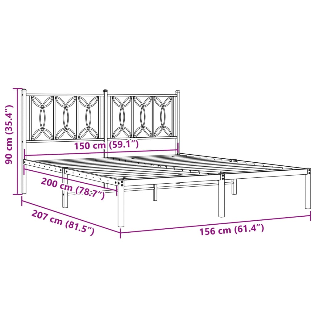White Metal Bed Frame with Headboard - 150x200cm, Elegant Design