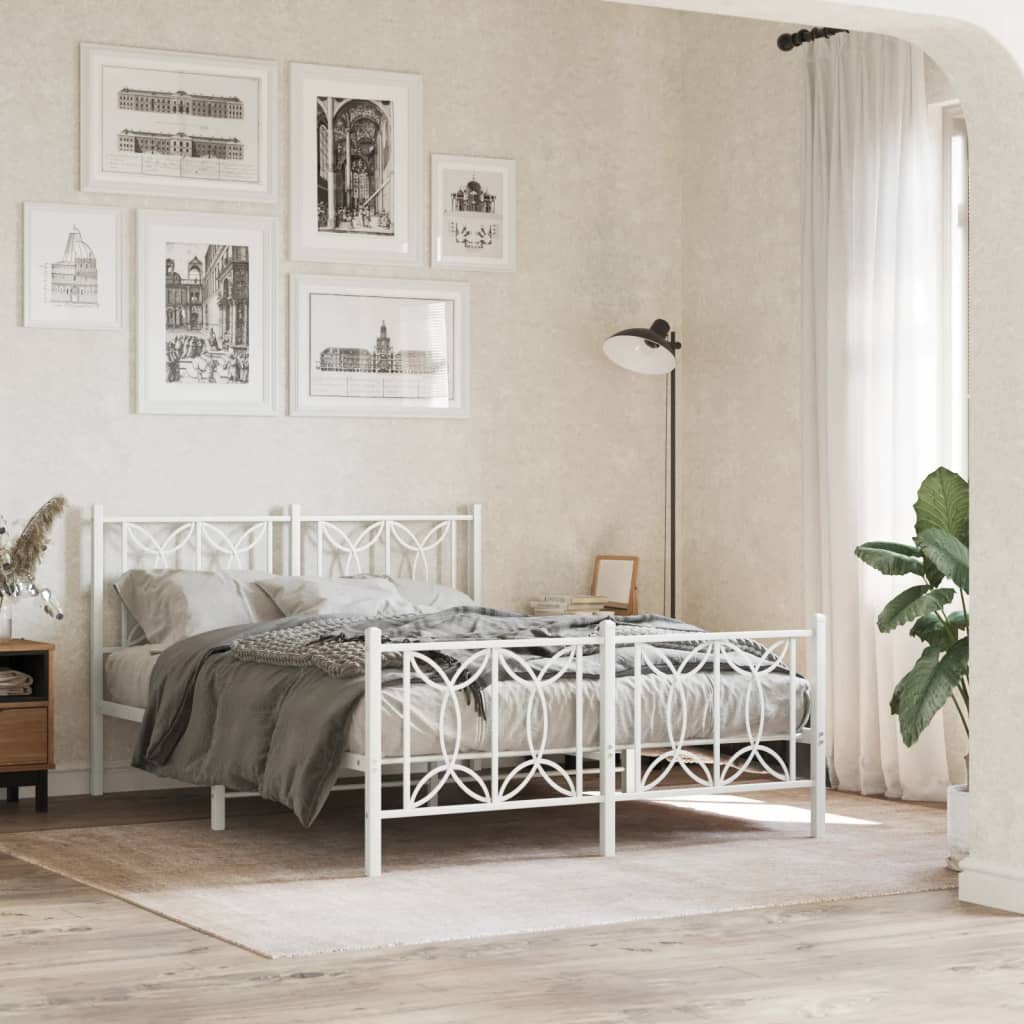 White Metal Bed Frame with Footboard - 135x190cm, No Mattress