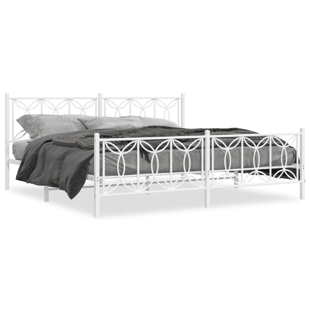 White Metal Bed Frame with Footboard - 200x200cm, No Mattress Included