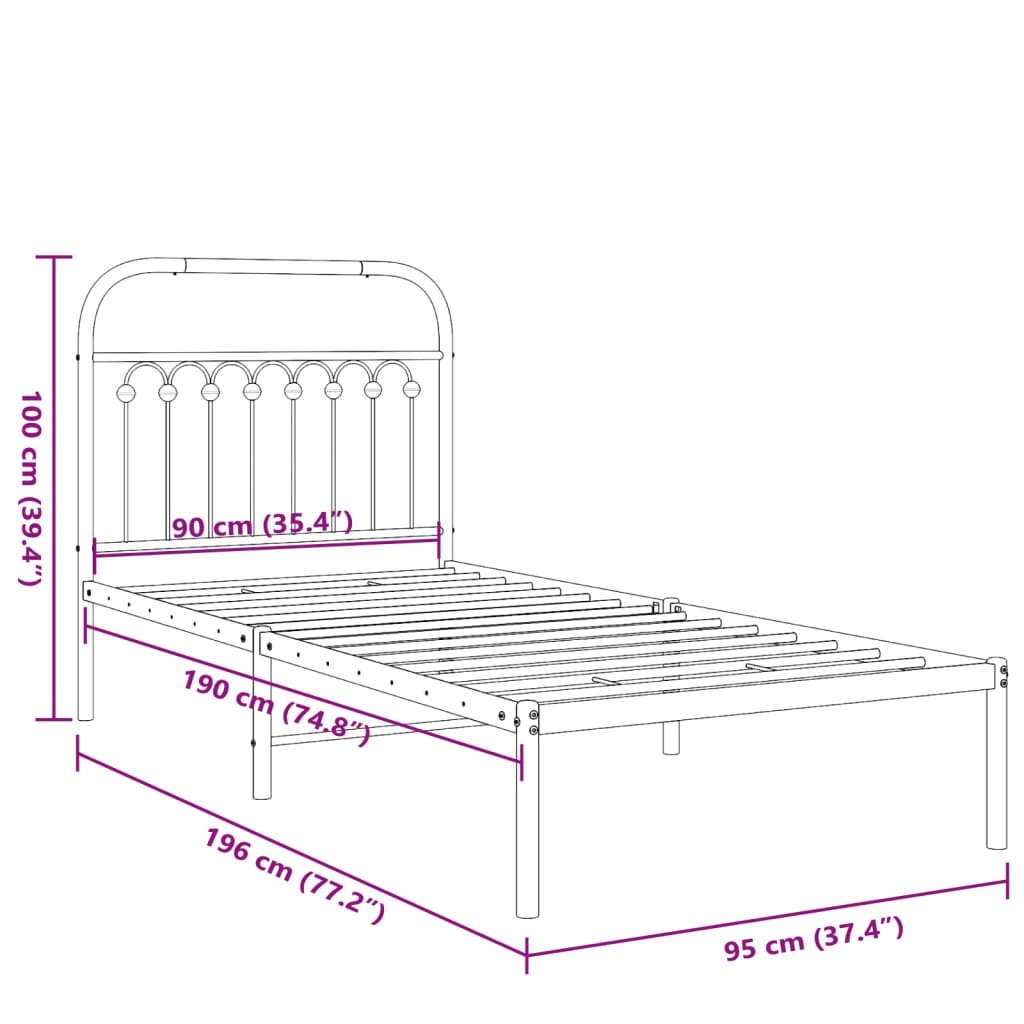 Black Metal Bed Frame with Headboard, 90x190cm - Mattress Excluded