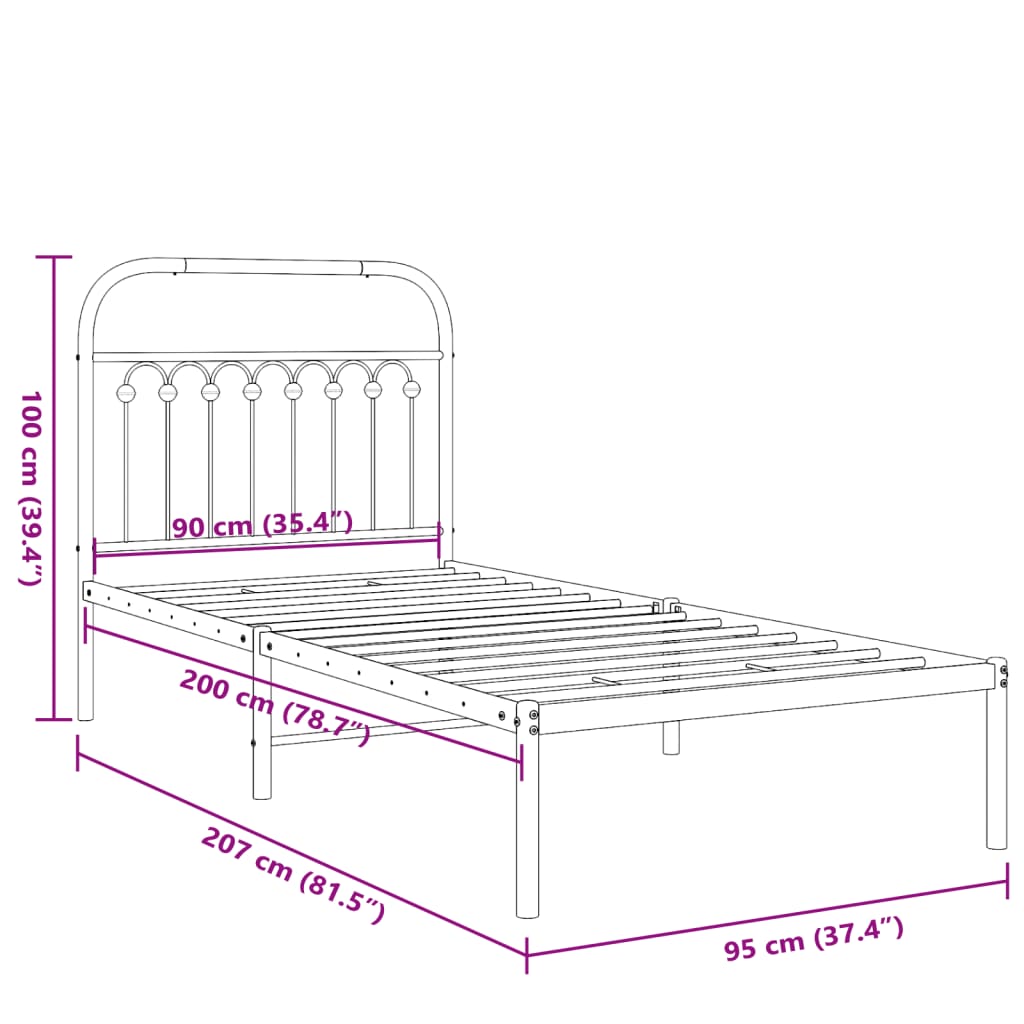 Sleek Black Metal Bed Frame with Headboard 90x200cm - Stylish & Durable