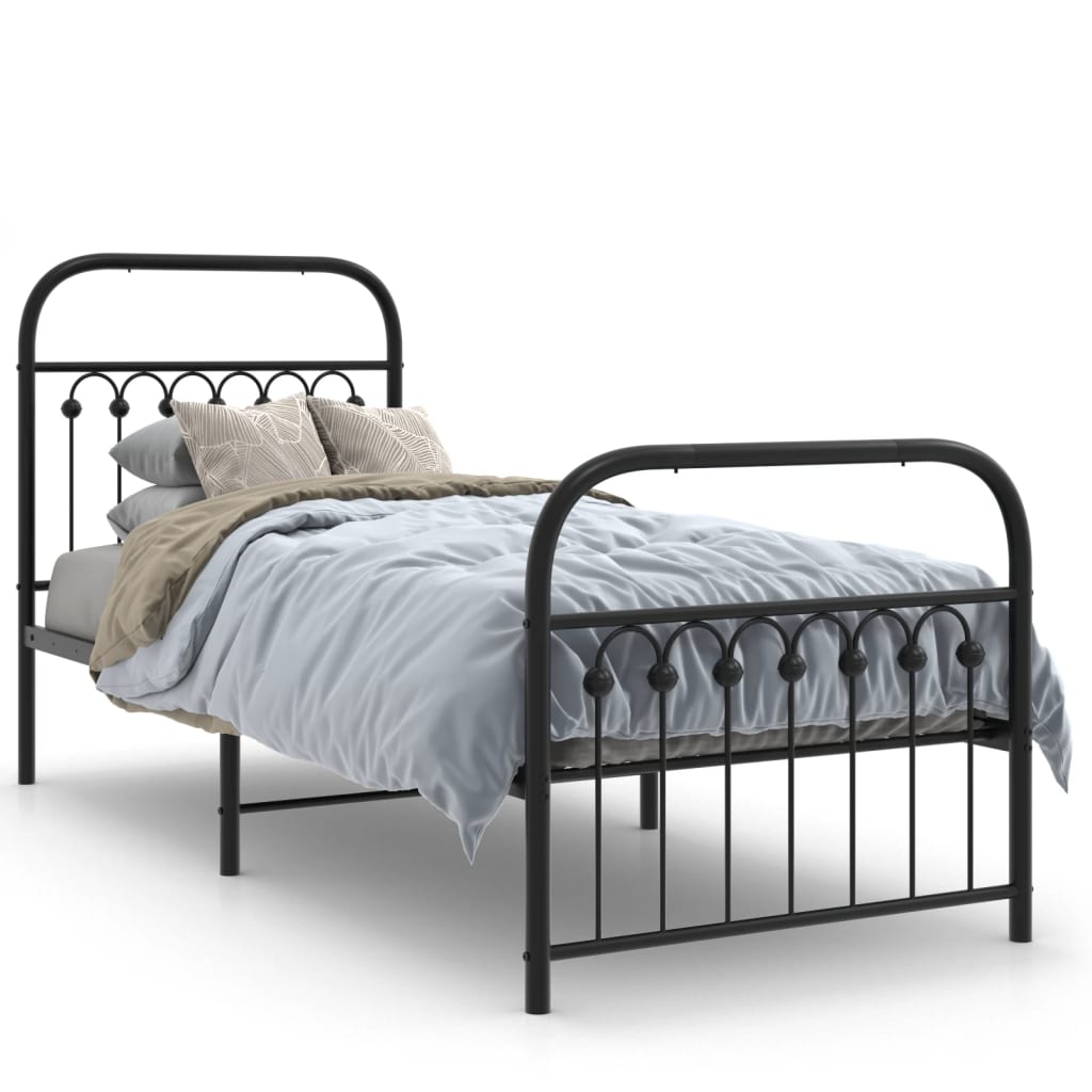 Black Metal Bed Frame with Footboard - 80x200cm, No Mattress