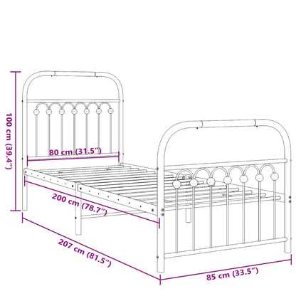 Black Metal Bed Frame with Footboard - 80x200cm, No Mattress